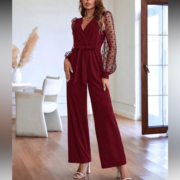 Boho polka dots mesh lantern sleeve belted jumpsuit - Picture 4 of 6